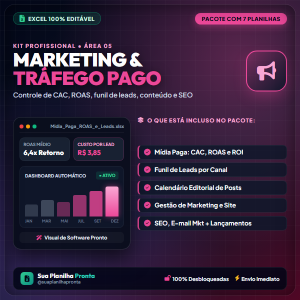 Pacote Marketing Digital e Tráfego em Excel