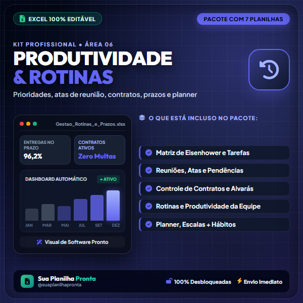 Pacote Produtividade e Rotinas em Excel
