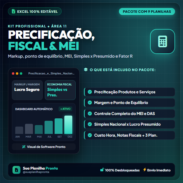 Pacote Precificação, Fiscal e MEI em Excel