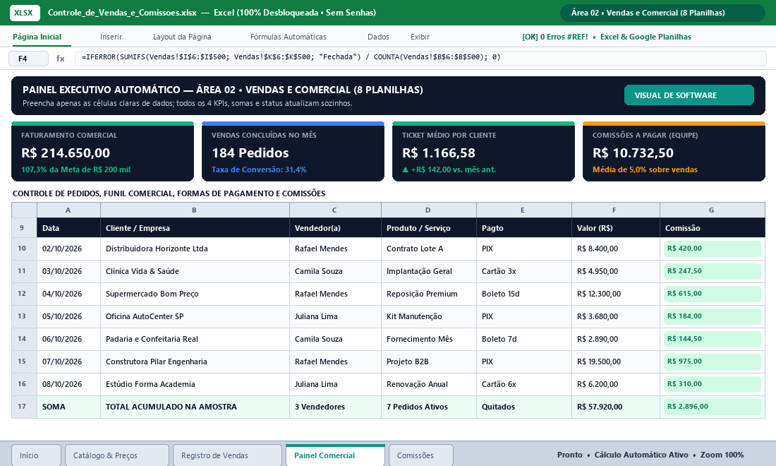 Tela da Planilha de Funil de Vendas e CRM no Excel